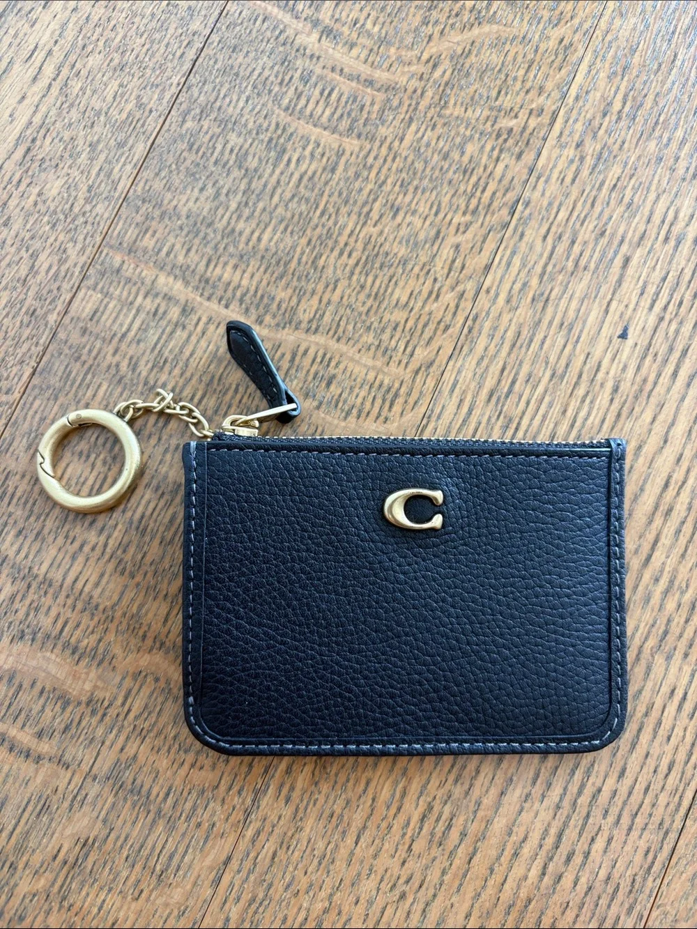 Coach Black Leather Zip Card Holder with Gold 'C' and Keyring